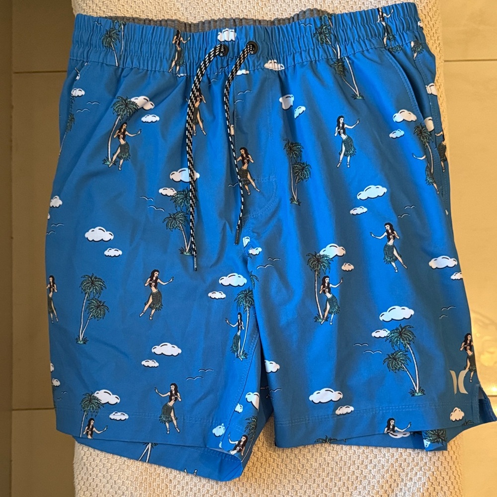 Hurley Blue Swim Trunks with Hula Girl Print and Inner Lining Size Medium